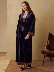 MOTF PREMIUM WOMEN'S LACE PATCHWORK CAMISOLE TOP, PANTS AND ROBE CASUAL HOME SLEEPWEAR SET - Blue - View 5