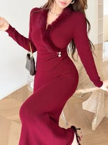 Feyla Women's Plush Patchwork Casual Party Knit Dress - Red - View 5