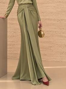 Graceveil Elegant Waist Twist Knot Wrap Tie Draped Flared Split Long Skirt - Green - View 6