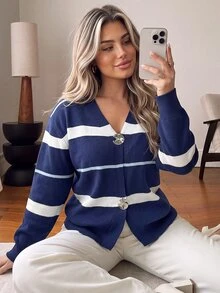 Vionelle Plus Size Women's Striped Long Sleeve Single-Breasted Casual Knit Cardigan - Multicolor - View 6