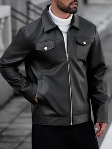 Manfinity CasualCool Men's Solid Color Zipper Casual Versatile Daily Travel Long Sleeve Jacket - Black - View 5