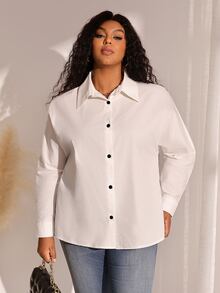 BrightlyHer Plus Size White Button Front Shirt Collar Extra Long Sleeve Blouse Elegant Office Fall Winter 2026 - White - View 4