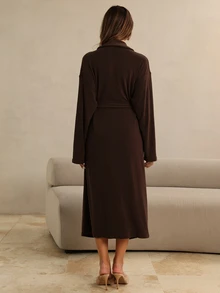 HautHeat Women's Solid Color Minimalist Versatile Patchwork Pocket Tie Waist Long Robe - Coffee Brown - View 2