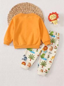 Infant Toddler Round Neck Long Sleeve Sweatshirt & Pants Casual Comfortable Set, Classic Cute Cartoon Hand-Drawn Animal Print, Lion & Raccoon Cartoon Character Print, Suitable For Autumn/Winter - Multicolor - View 3