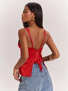 SHEIN BAE 黑色性感透視蕾絲拼接緞面細肩帶背心，適合性感上衣、夜店穿搭、約會、早午餐、郵輪旅行、上班，優雅且性感 - 紅色 - 查看 2
