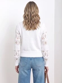 Dayvera Cardigan Rajut Wanita Model Patchwork Berongga Lengan Panjang Kancing Tunggal - Putih - View 2