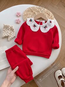 SHEIN Baby Girl Cherry Embroidery Pattern Casual Daily Long Sleeve Sweatshirt And Pants Set - Red - View 6
