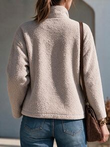 SHEIN Women's Autumn/Winter Casual Elegant Commute Streetwear Thick Fleece Shearling Loose Stand Collar Open Front Regular Jacket - Apricot - View 2