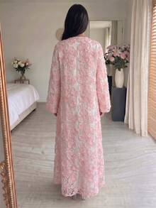 Yasmyna Women's Floral Embroidered Fabric Loose Casual Elegant Fashion Long Robe - Baby Pink - View 2