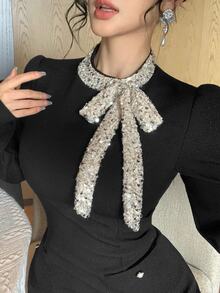 DAZY 女款優雅奢華亮片綁帶洋裝，適合約會與秋季穿著 - 黑色 - 查看 4