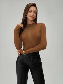 SHEIN Raffinéa 女款時尚透視網紗拼接長袖手指孔連身衣 - 棕色 - 查看 7