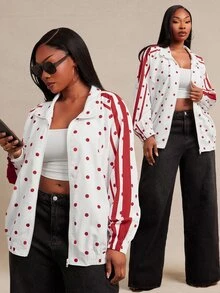 SHEIN SXY Plus Size Women's Polka Dot Casual Everyday Long Sleeve Jacket Fall - Red and White - View 1