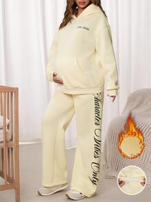 SHEIN Maternity Letter Print Long Sleeve Hooded Sweatshirt And Pants Casual Daily 2 Pieces Set - Yellow - View 1