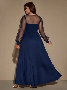 Velvienne Plus Size Women's Fall/ New Solid Color Mesh Patchwork Side Slit Dress, Party Cocktail Gathering Wedding Formal Dress Navy Blue Elegant - Navy Blue - View 2