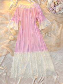 DelicateAllure Pink Long Short Sleeve Ruffle Sleeve Ruffle Trim Lace Patchwork Mesh Patchwork Tie-Up Pure Elegant Plus Size Nightgown - Pink - View 2
