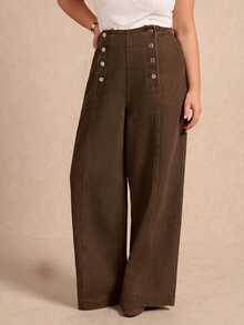 Lounesse Plus Size Women's Button Casual Everyday Denim Jeans - Brown - View 1