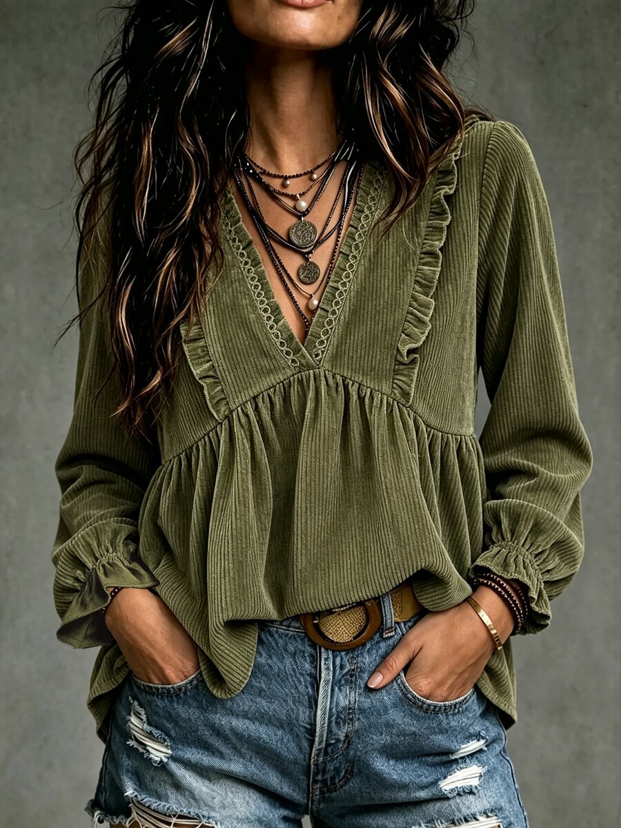LanaWest Women's Deep V-Neck Pleated Casual Daily Wear Blouse - Army Green - View 1