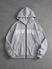 STYNVO 男士字母印花長袖拉鍊休閒連帽衫 - 灰色 - 查看 1