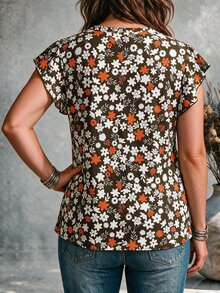 Ceyna 大尺碼女款法式休閒 Soft Form 優雅印花荷葉袖圓領T恤 藍白配色 夏季度假風 - 咖啡棕 - 查看 2