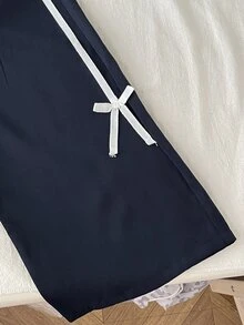 SHEIN 兒童青少年女孩休閒新款秋冬時尚海軍藍與白色條紋拼接長袖拉鍊夾克與長褲2件套，返校季，秋冬服飾，開襟夾克套裝 - 藏蓝色 - 查看 6