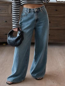 Dazy Plus Solid Color Washed Loose Wide Leg Pants, Elegant Versatile Slimming Long Denim Jeans, All Season - Medium Wash - View 5