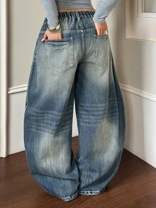 Dazy Plus Street Casual Distressed Vintage Washed Low Waist Blogger Style Long Denim Jeans Spring Autumn New - Blue - View 2
