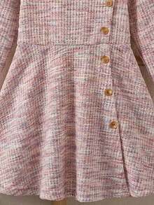 Girls Outfit Set, 1pc Round Neck Long Sleeve Cinched Waist A-Line Dress, Button Decor Elegant Lady Style Dress Suitable For Daily, Commute, Party Wear - Pink - View 4