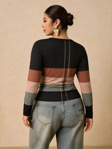 Travachic 大尺碼女款拼色休閒百搭日常長袖T恤 - 彩色 - 查看 2