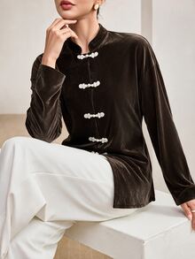 Graceveil Áo blouse nữ tay dài màu nâu phong cách Trung Hoa mới, thiết kế nút ếch thủ công, lãng mạn thanh lịch - màu nâu - Xem 4