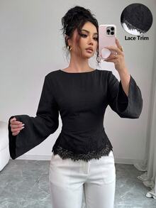 Siren Gaze 女款蕾絲拼接百褶休閒法式優雅百搭日常穿著襯衫 早午餐秋季 - 黑色 - 查看 5