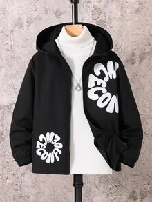 SHEIN 兒童男孩休閒字母圖案印花連帽外套，輕量寬鬆版型拉鍊連帽夾克，黑色秋季開學季冬季外套 - 彩色 - 查看 7