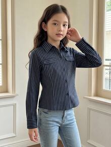Hapijoa 大童女孩秋季服飾 (大號) 有領短袖襯衫 夏季 - 藏蓝色 - 查看 2