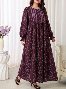 Al Najma Plus Size Women's Floral Pattern Button Design Pocket Arabian Dress - Burgundy - View 3