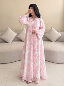 Yasmyna Women's Floral Embroidered Fabric Loose Casual Elegant Fashion Long Robe - Baby Pink - View 7