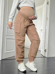 SHEIN Maternity Solid Color Adjustable Waist Casual Daily Long Pants - Khaki - View 5