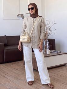 Solavon Women's Solid Color Casual Daily Wear Arabic Style Top - Khaki - View 4