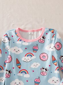 SHEIN 秋冬少女長袖套頭上衣與緊身褲套裝，貼身居家服，滿版可愛動物印花，對比粉色設計 - 藍色 - 查看 7