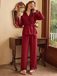 Côtesoire French Romantic Lace Patchwork Tie-Up Women's Pajama Set - Burgundy - View 3