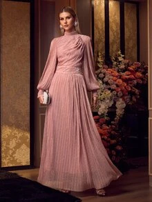 MOTF Soiréza WOMEN'S SOLID COLOR STAND COLLAR FAUX PEARL DECOR LANTERN SLEEVE PLEATED ELEGANT EVENING DRESS - Pink - View 6