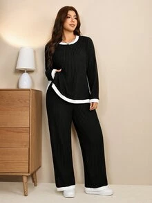 Edennvi Plus Size Women's Autumn Fashion Contrast Trim Round Neck Long Sleeve Knit Top And Pants Casual Elegant Set Fall Homewear Going Out Black And White - Black and White - View 7