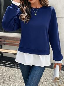 LanaWest 女款休閒撞色拼接設計套頭運動衫，適合畢業季、返校季、教師穿著，秋季女款 - 藏蓝色 - 查看 6