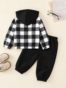 SHEIN 男嬰秋冬黑白拼接字母印花拉鍊連帽衛衣外套與長褲休閒套裝，適合節日穿搭、萬聖節、聖誕禮物 - 黑色 - 查看 2