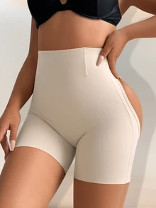 SHEIN 女款純色高腰休閒日常穿著塑形四角內褲 - 裸色 - 查看 5