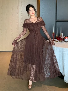DAZY Women's V-Neck Bell Sleeve Patchwork Ruffle Elegant Lace Dress - Coffee Brown - View 3