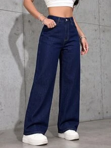 SHEIN PETITE 女款高腰口袋寬腿寬鬆休閒牛仔褲 - 深色水洗藍 - 查看 6