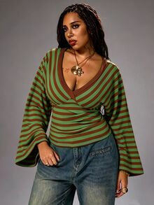 Rustia Plus Size Autumn/Winter Casual Colorful Striped V-Neck Long Sleeve T-Shirt Fall - Green - View 1