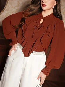 Auvina Plus Size Women's Solid Color Tie-Front Versatile Blouse With Ruffle Trim, Long Sleeve Cuffed, Fashionable Elegant Simple - Brown - View 3