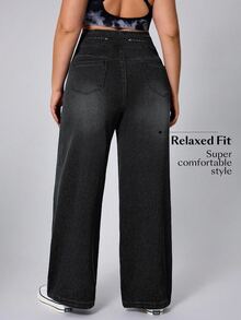 Flexra Plus Size Women's Wide Leg Casual Denim Jeans Soft Washed Stretch Pants - Dark Grey - View 2