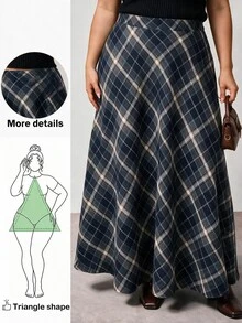 Enliva Plus Size Fall Plaid A Line Maxi Skirt With Elastic Waist For Pear Body - Navy Blue - View 1