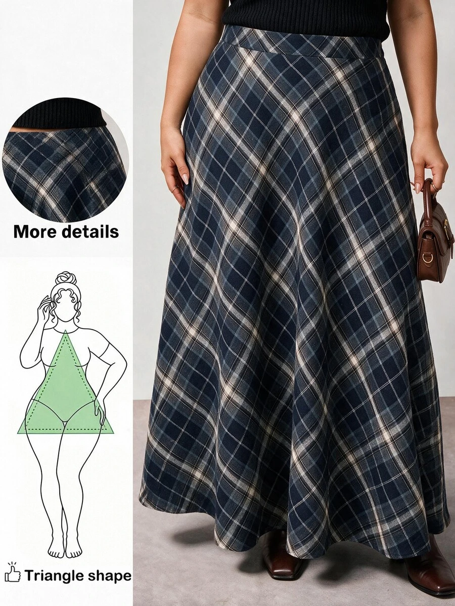Enliva Plus Size Fall Plaid A Line Maxi Skirt With Elastic Waist For Pear Body - Navy Blue - View 1